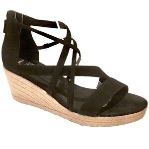 Eileen Fisher WANDA Espadrille Wedge Sandal Black Leather Elastic Straps Sz 8.5